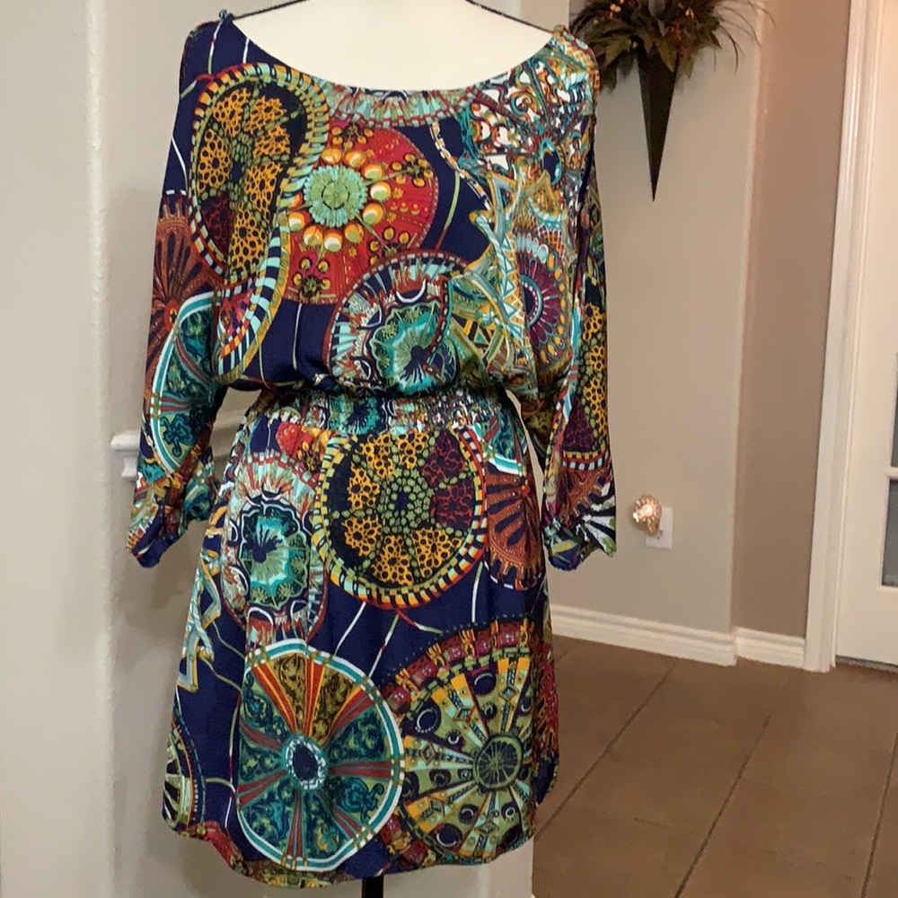Umgee blue and red geometric print silky mini dress Size SM